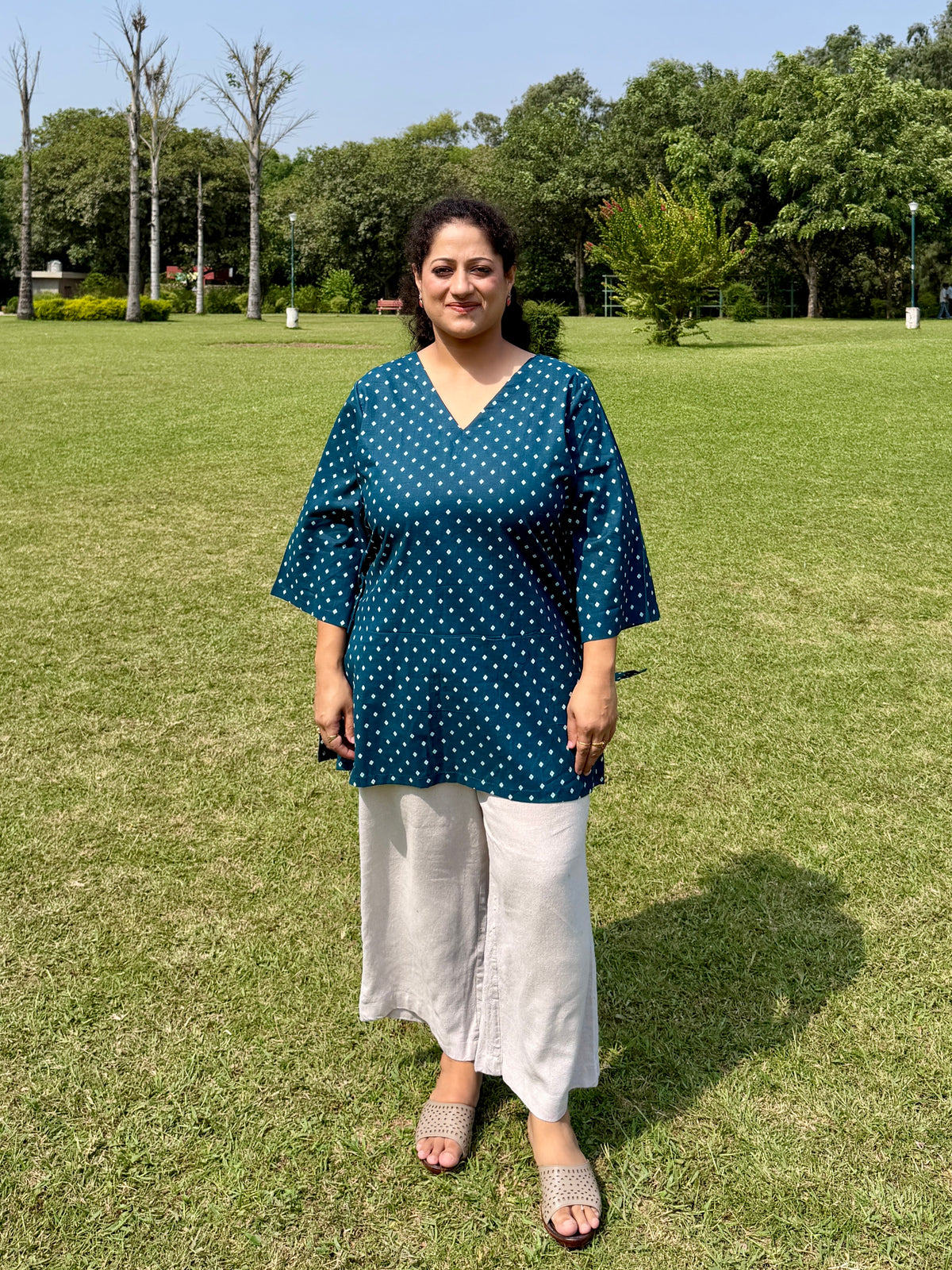 Blue Dot 100% Cotton Kurta with Bell Sleeves