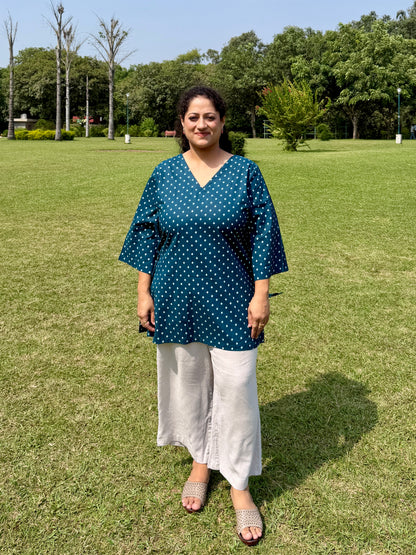 Blue Dot 100% Cotton Kurta with Bell Sleeves