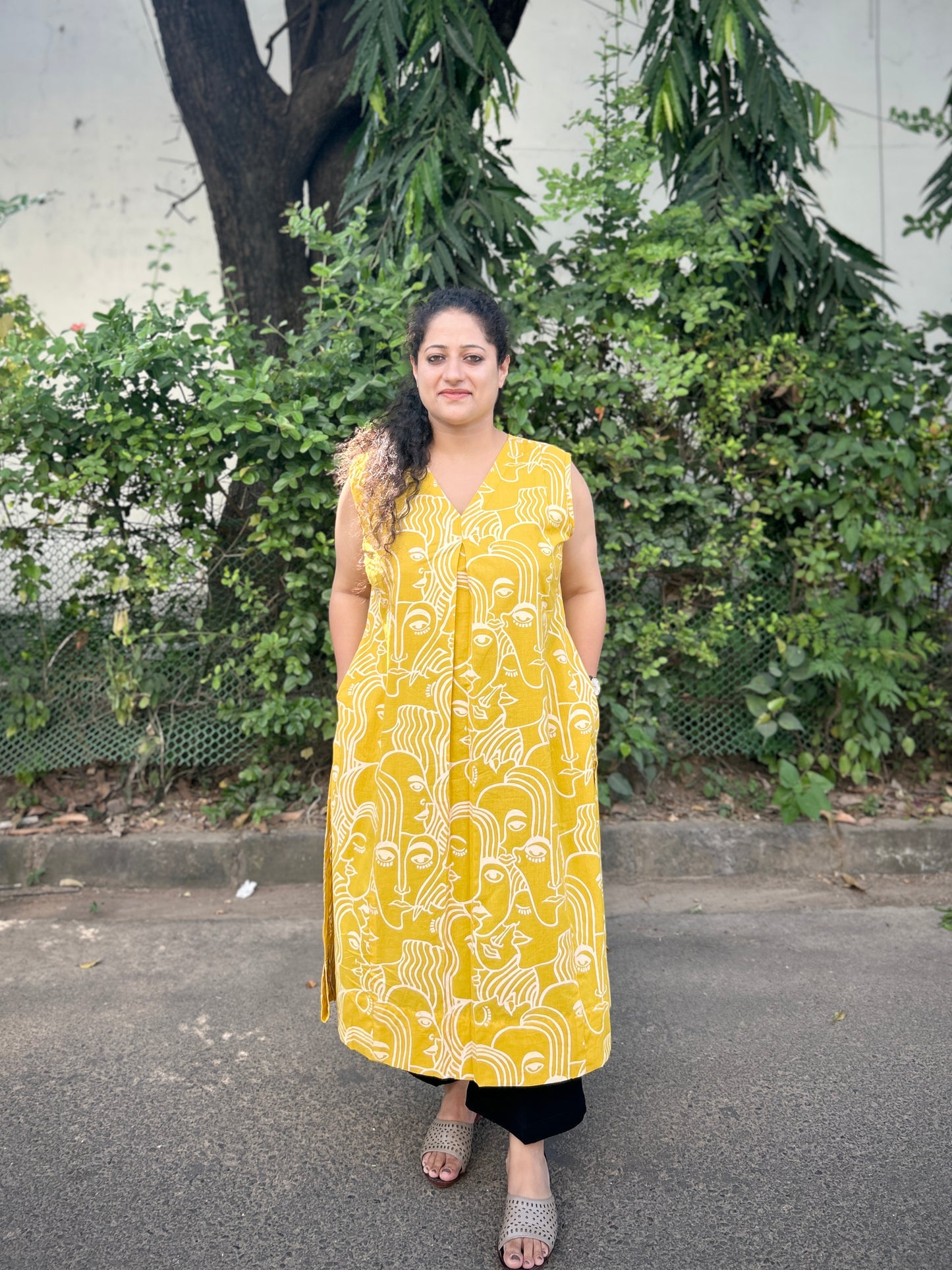 Mustard Hand-Sketch A-Line Kurta” with pockets ⭐