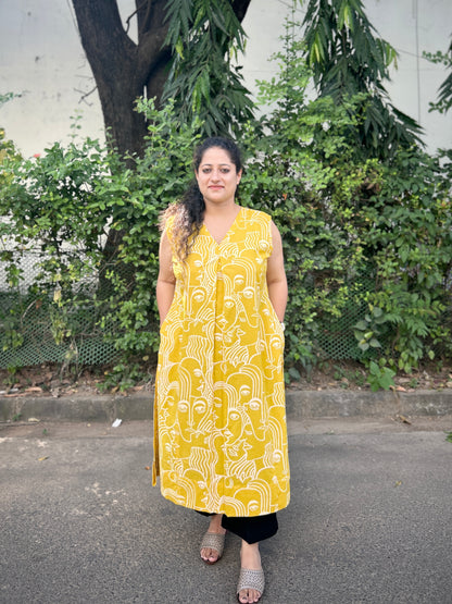 Mustard Hand-Sketch A-Line Kurta” with pockets ⭐