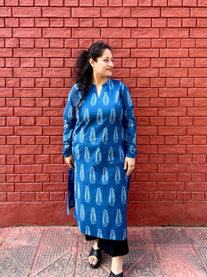 Indigo Leaf Print Straight Kurta