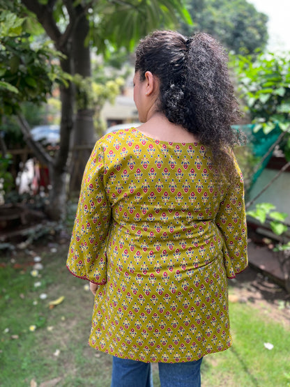 Olive Block Print Cotton Kurti