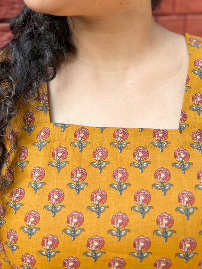 Mustard Floral Handblock Printed Cotton Kurti