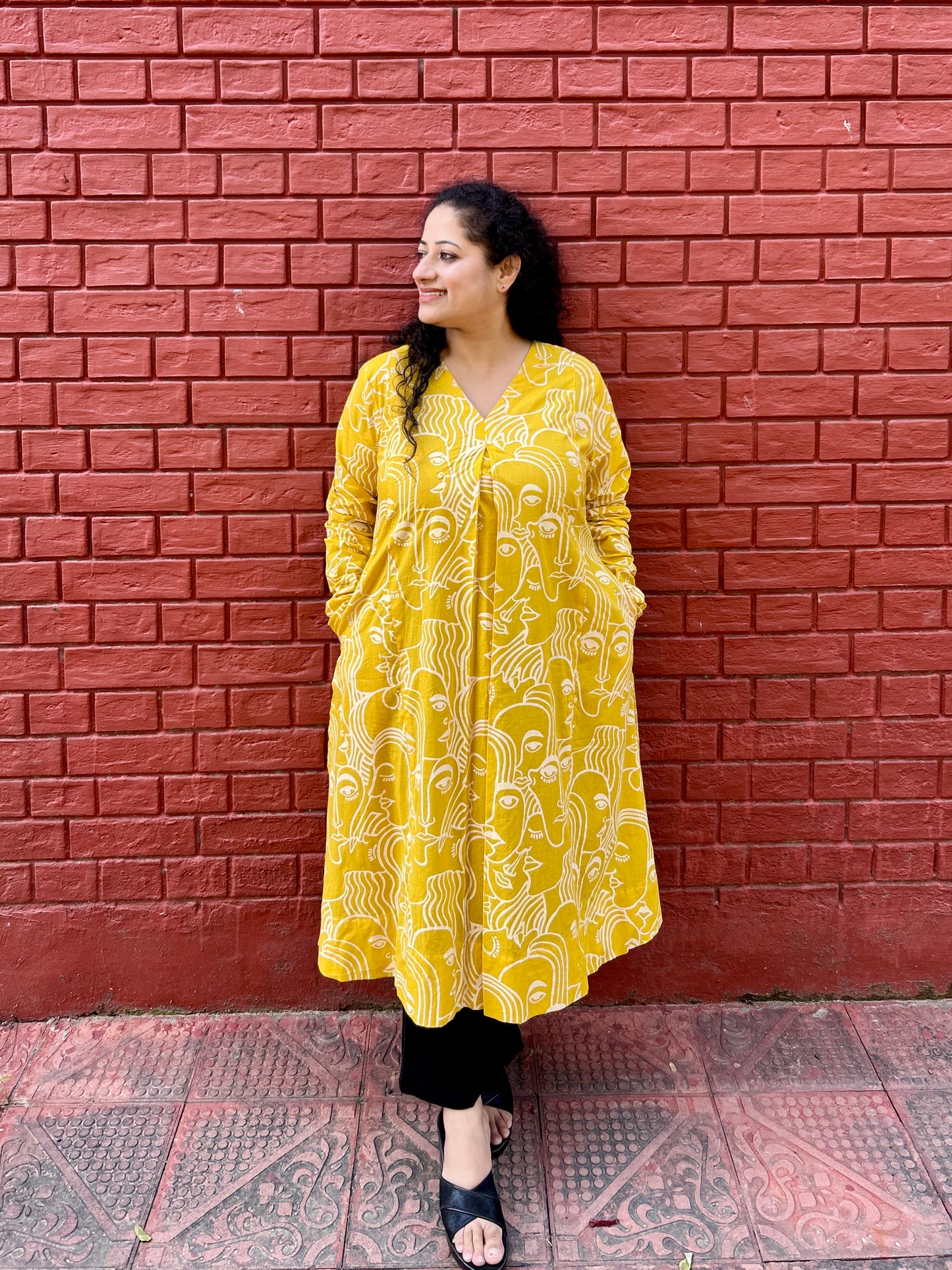 Mustard Hand-Sketch A-Line Kurta” with pockets ⭐