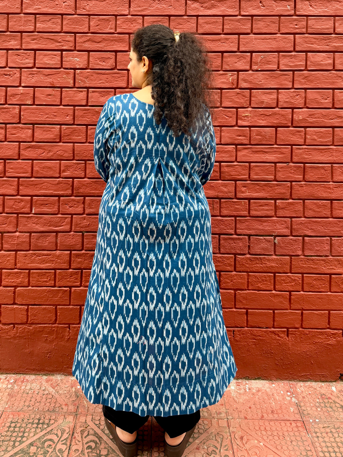 Indigo Ikat A-line 100% Cotton Kurti with Chudi Sleeves