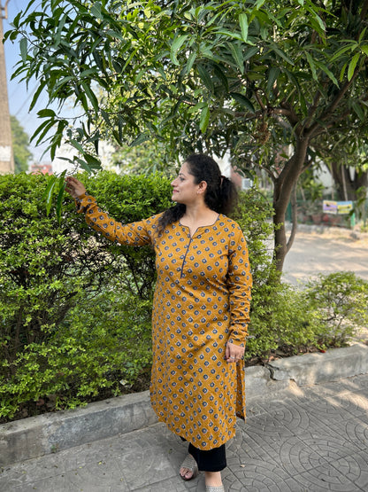 Mustard Handblock Long Kurti