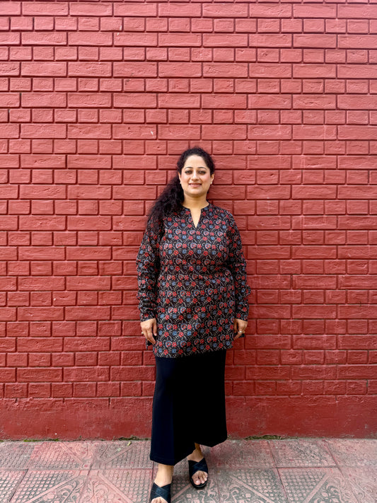 Black Floral Cotton Kurta