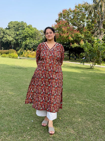 Maroon Paisley 100% Cotton Kurta with Chudi Sleeves