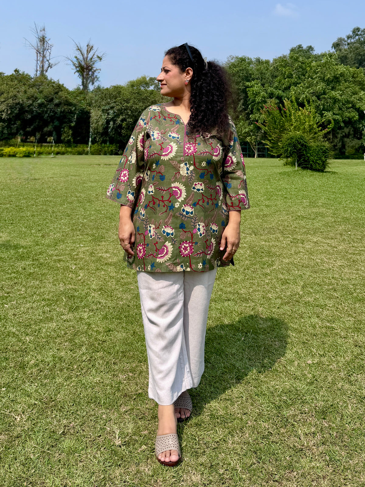 Green Floral 100% Cotton Kurta with Bell Sleeves