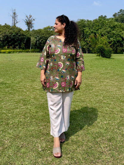 Green Floral 100% Cotton Kurta with Bell Sleeves