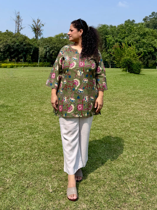 Green Floral 100% Cotton Kurta with Bell Sleeves