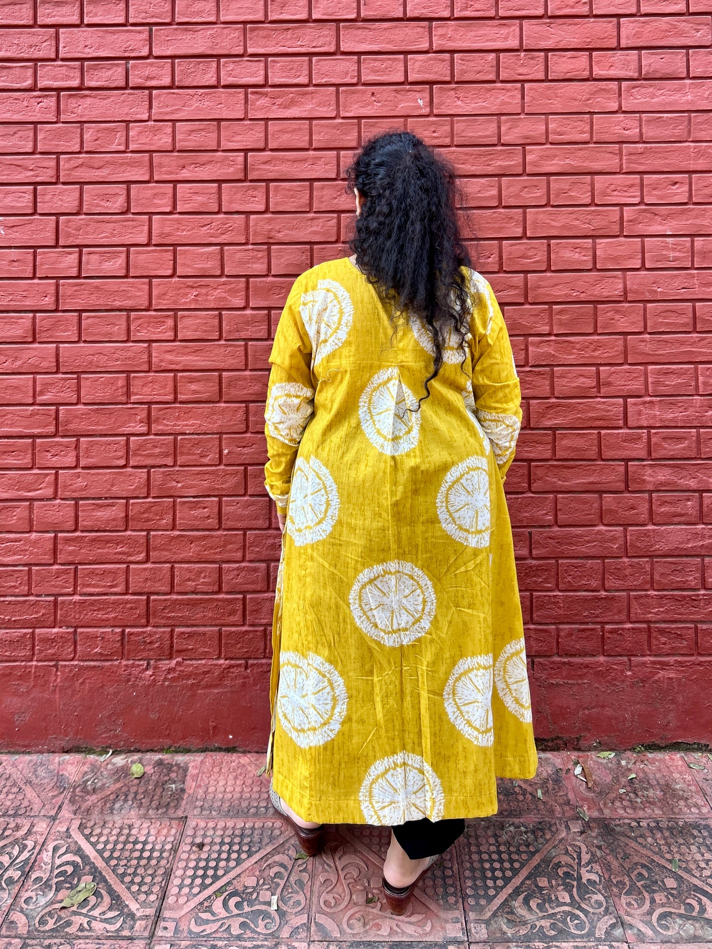 Mustard Block Print A-Line Kurti with pockets ✨