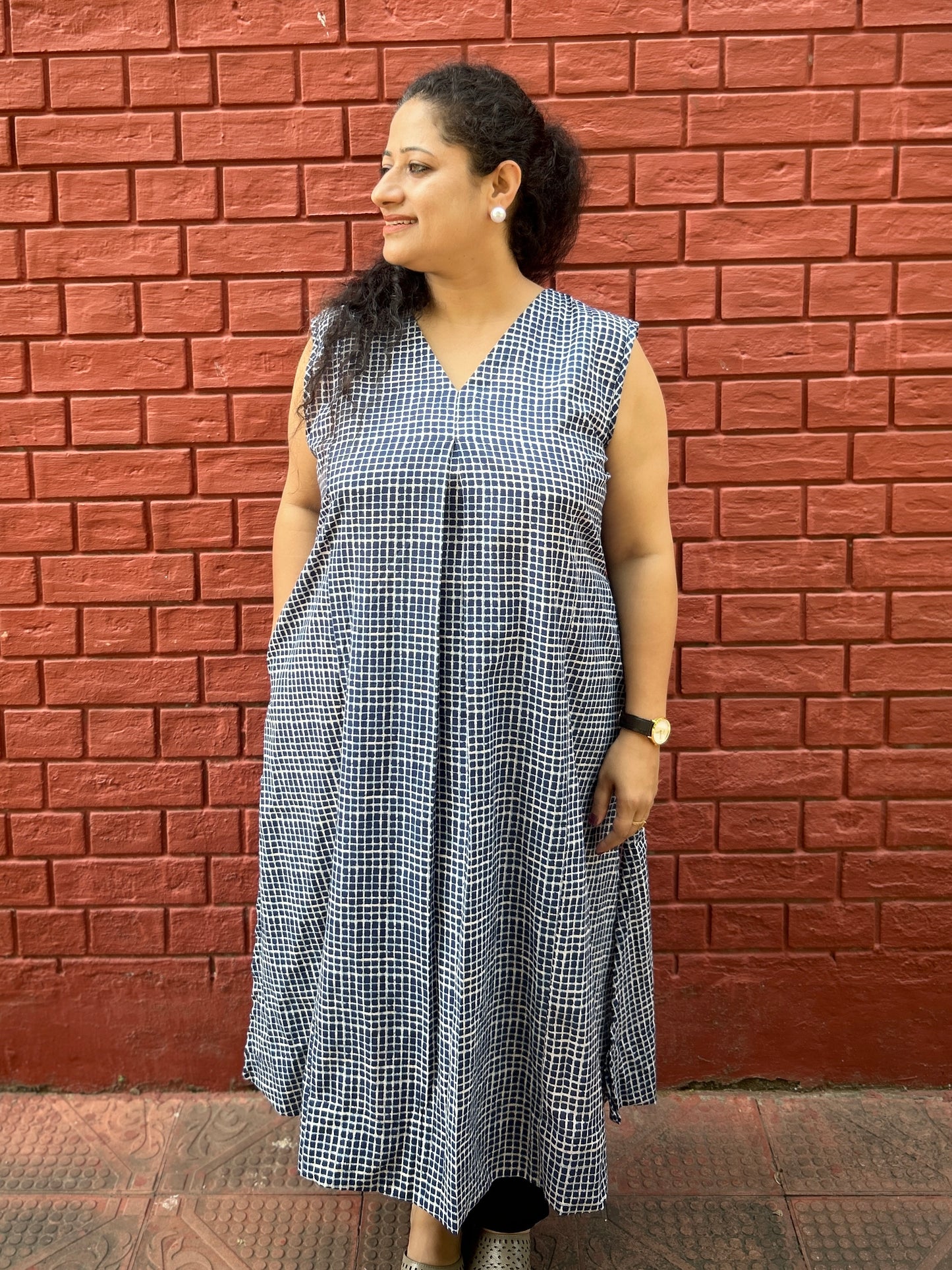 Navy checks A-line kurta with pockets ✨