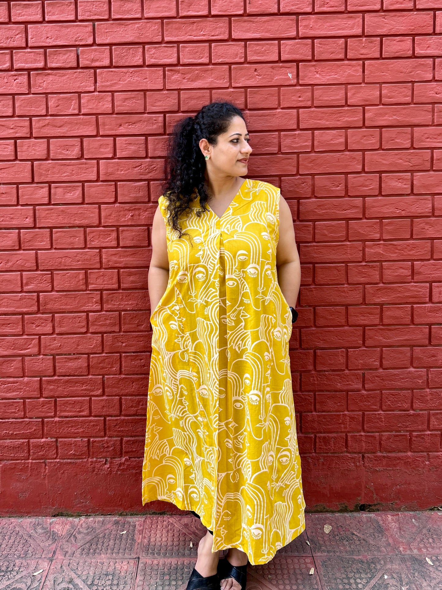 Mustard Hand-Sketch A-Line Kurta” with pockets ⭐