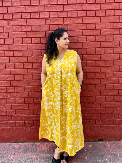 Mustard Hand-Sketch A-Line Kurta” with pockets ⭐