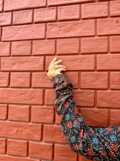 Black Floral Cotton Kurta