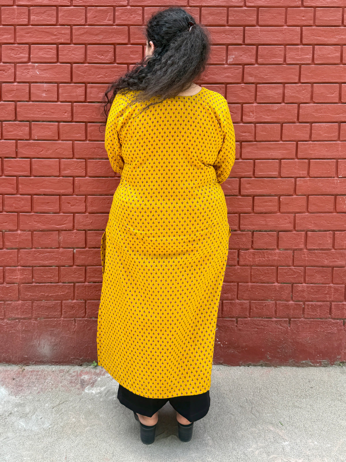 Mustard Buti 100% Cotton Long Kurta with Chudi Sleeves