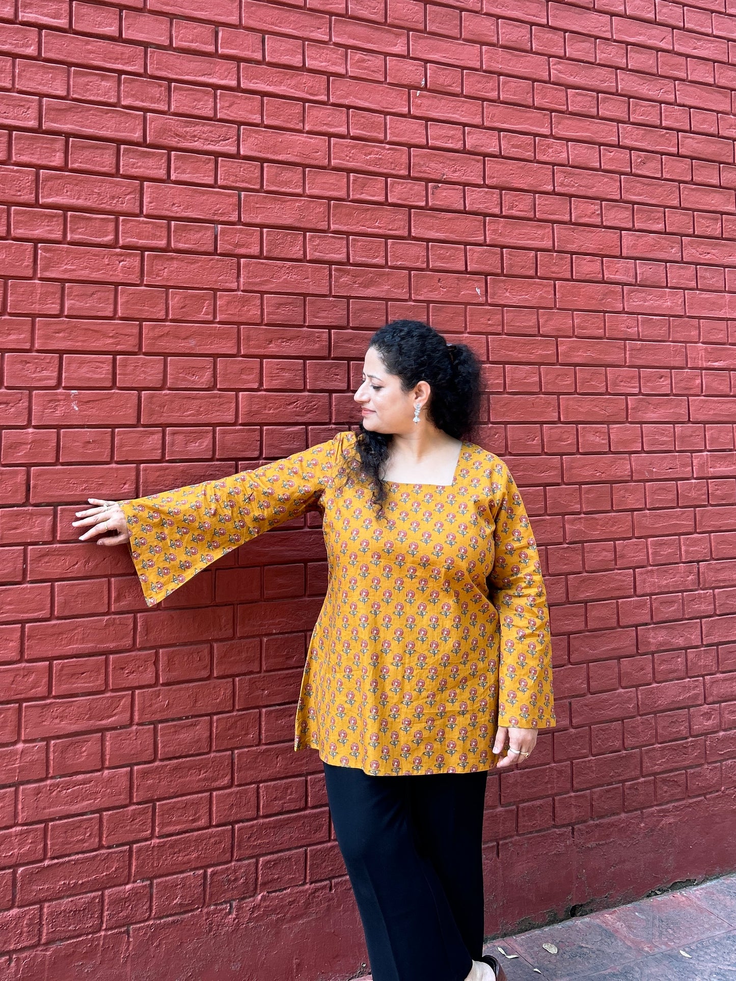 Mustard Floral Handblock Printed Cotton Kurti