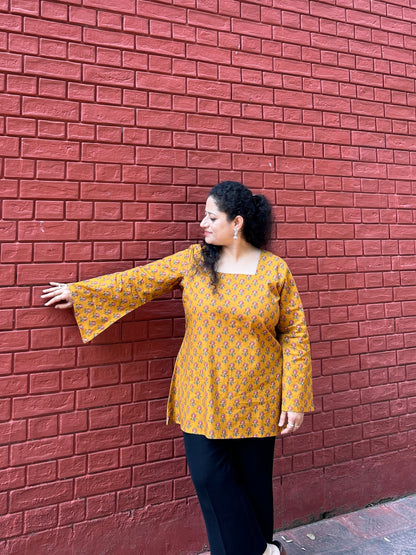 Mustard Floral Handblock Printed Cotton Kurti