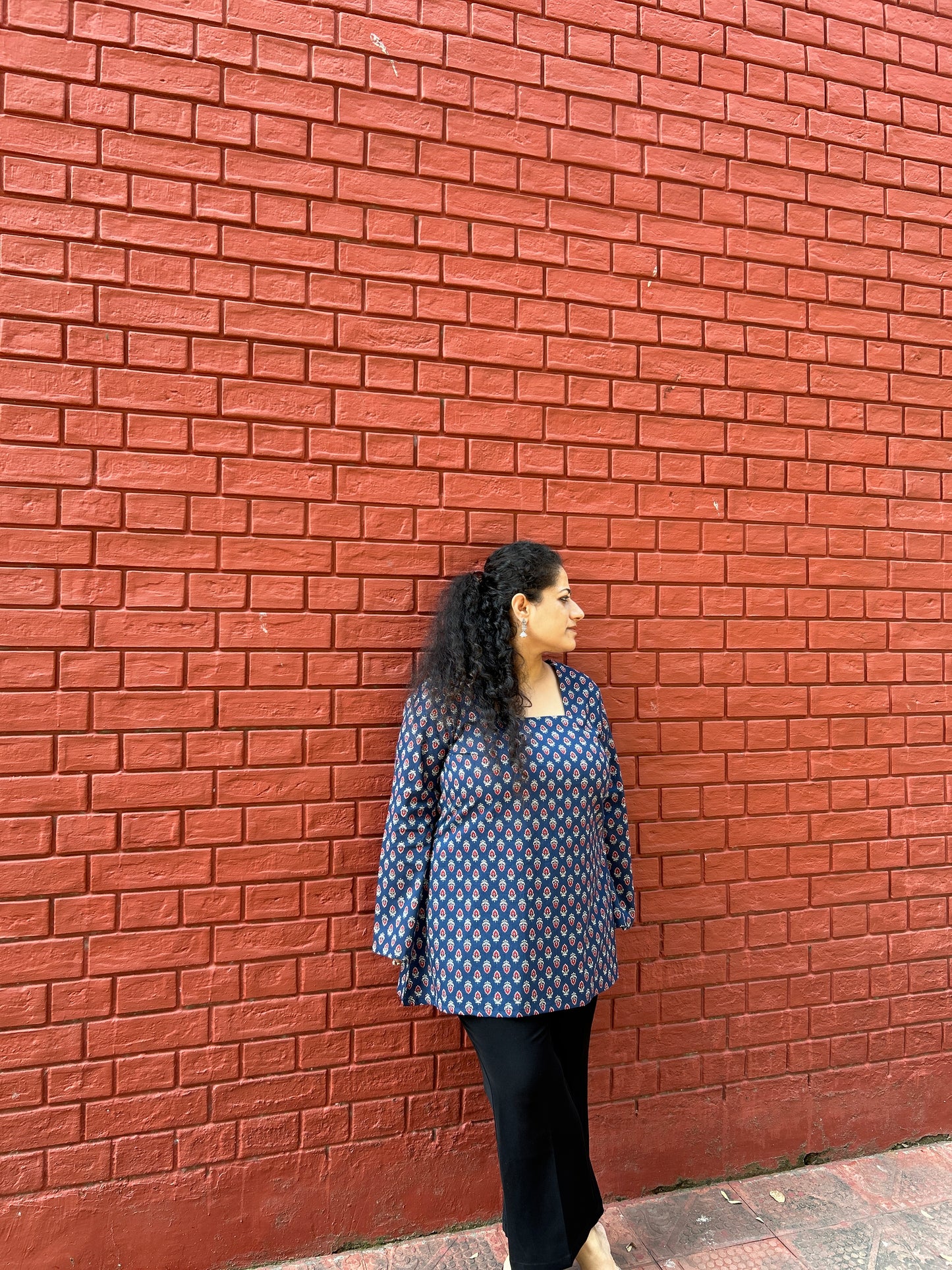 Indigo Ethnic Motif Flared Sleeve Kurti