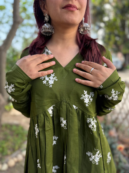 Mehndi Green Embroidered Gather Top