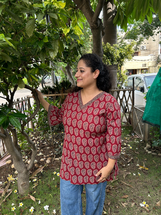 Maroon Paisley Handblock Cotton Kurti