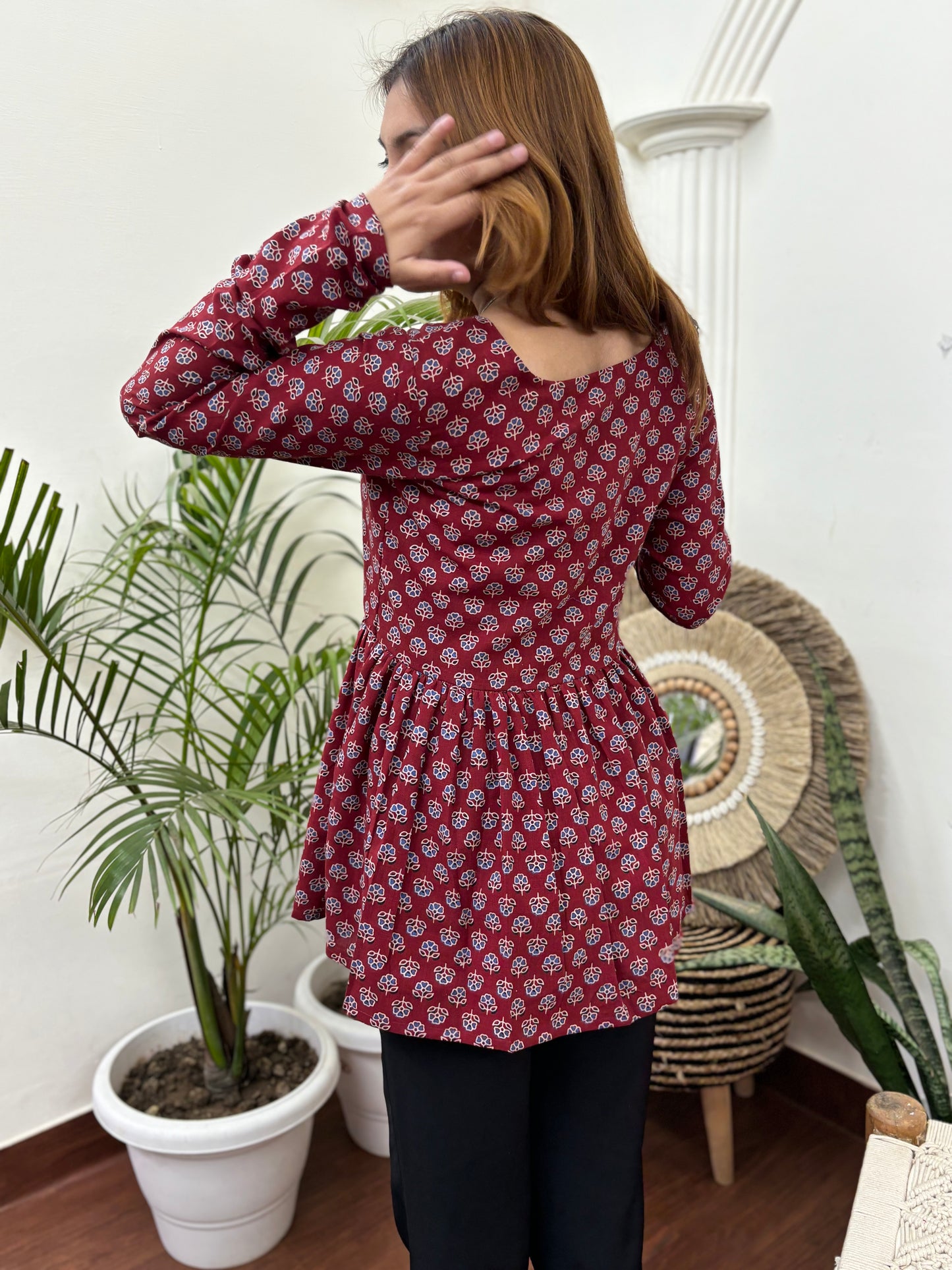 Maroon Booti Gather Top