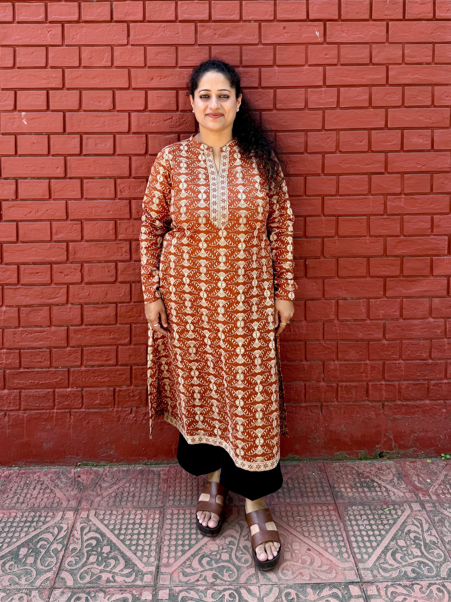 Rust floral chudi sleeves kurta