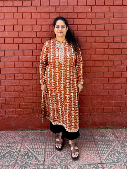Rust floral chudi sleeves kurta
