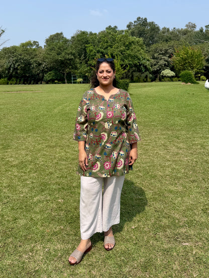 Green Floral 100% Cotton Kurta with Bell Sleeves