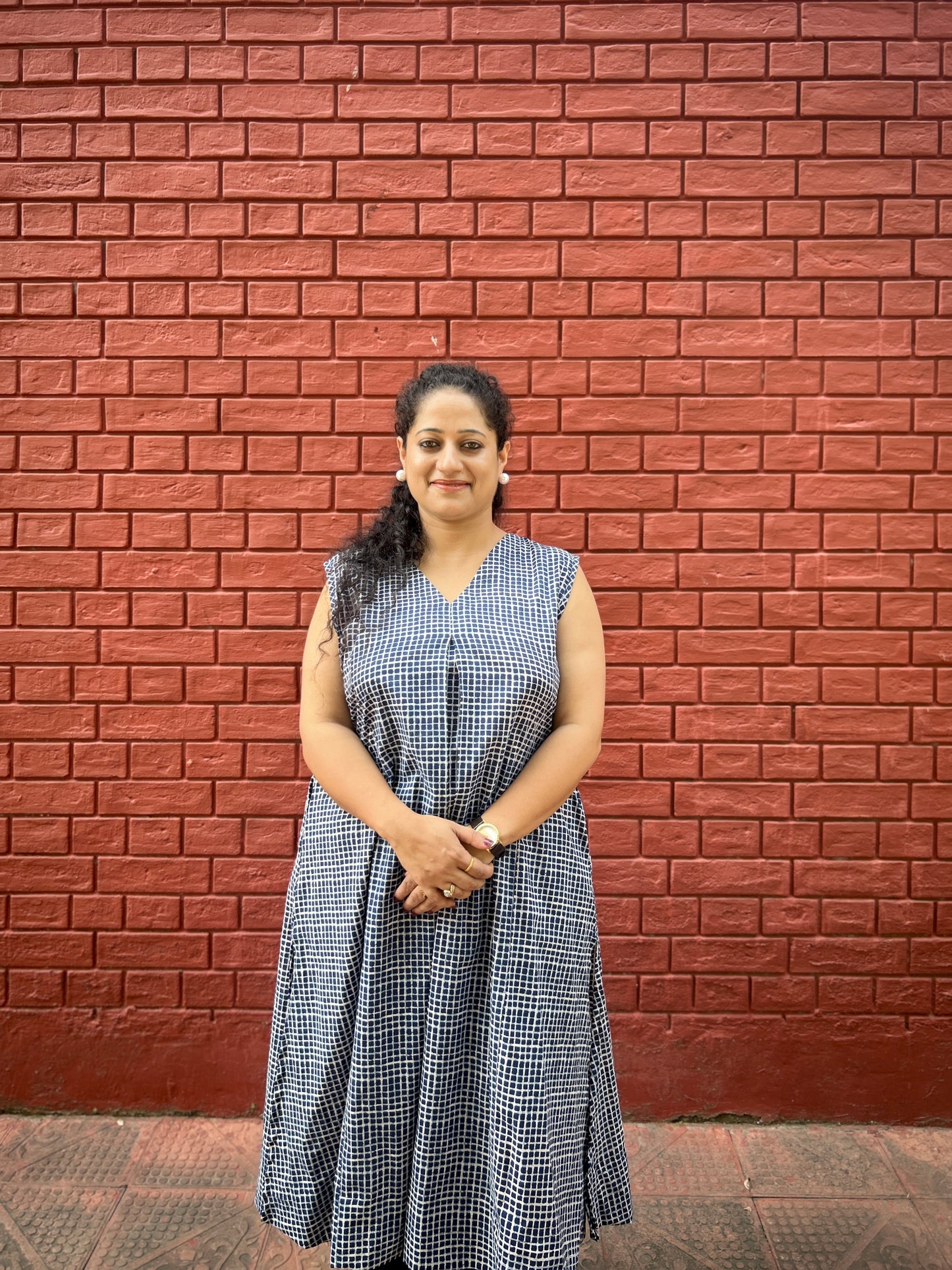 Navy checks A-line kurta with pockets ✨