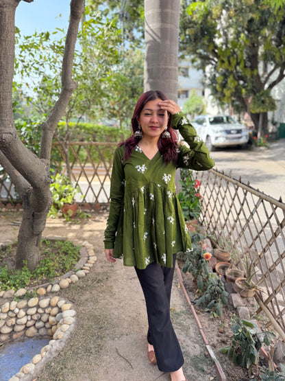 Mehndi Green Embroidered Gather Top