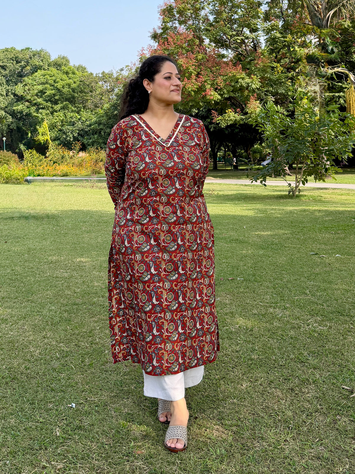 Maroon Paisley 100% Cotton Kurta with Chudi Sleeves