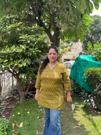 Olive Block Print Cotton Kurti