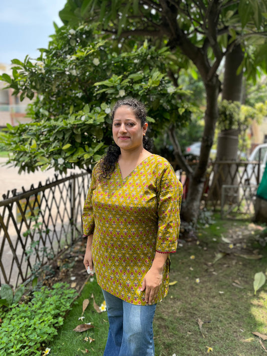Olive Block Print Cotton Kurti