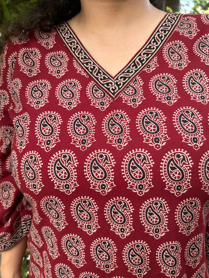 Maroon Paisley Handblock Cotton Kurti