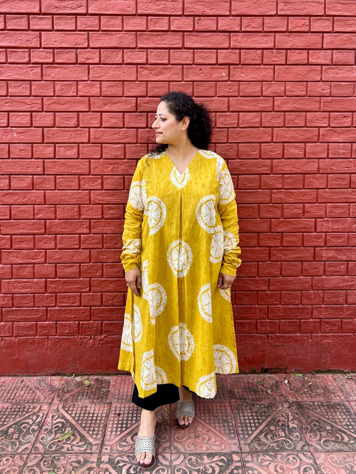 Mustard Block Print A-Line Kurti with pockets ✨