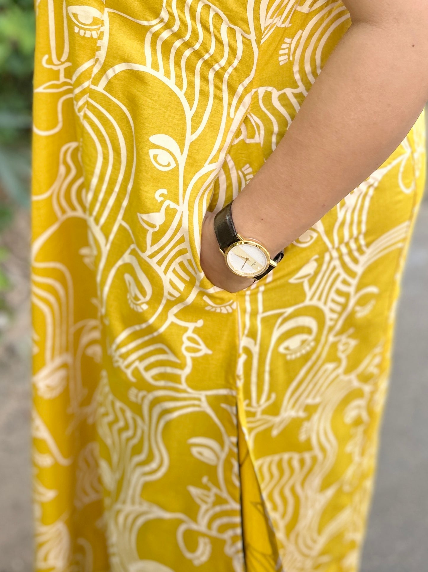 Mustard Hand-Sketch A-Line Kurta” with pockets ⭐