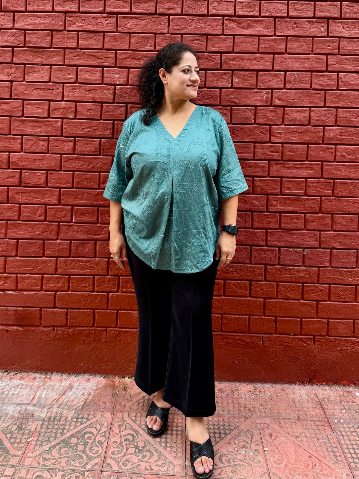 Teal Embroidered anti fit top