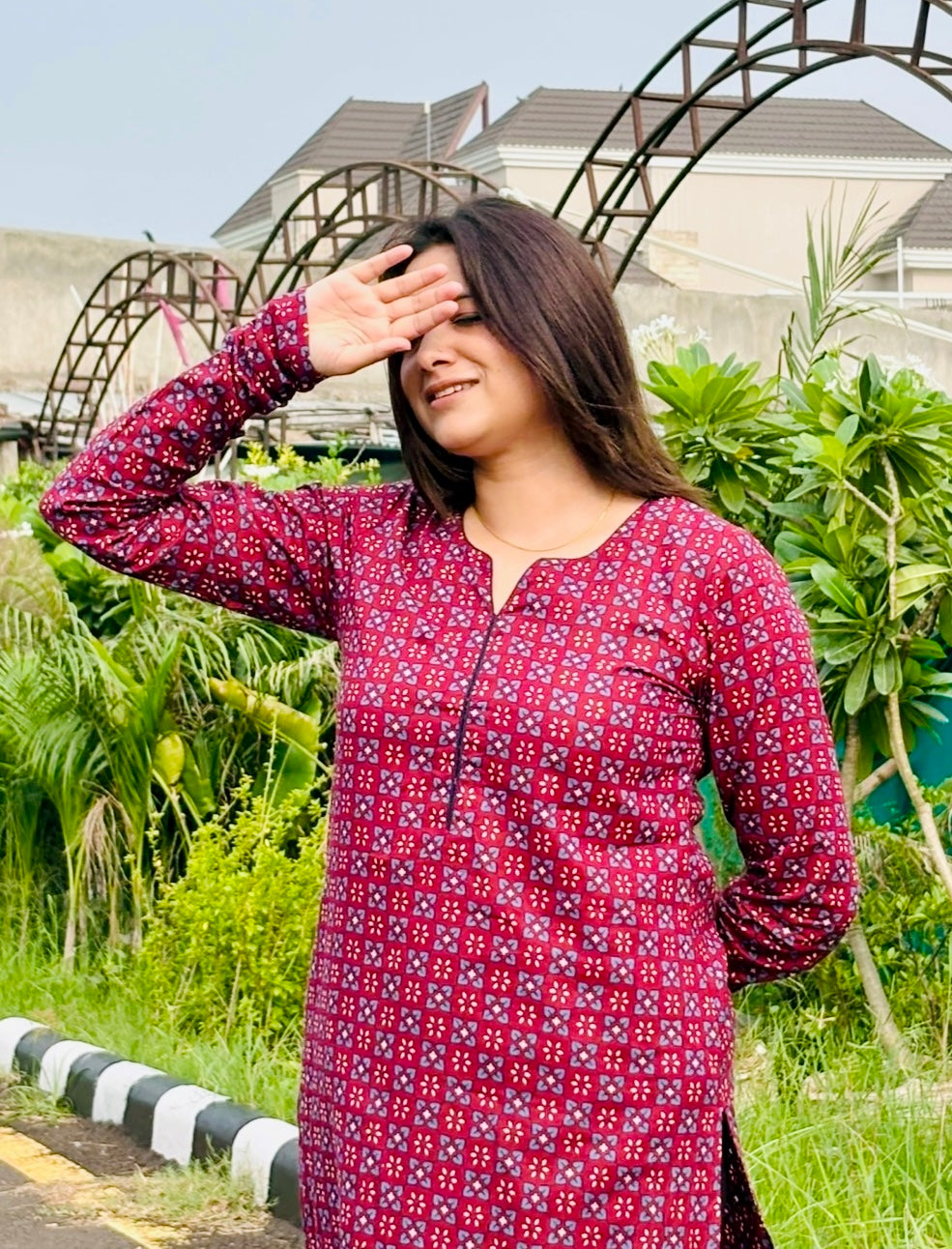 Maroon Geometric Print Kurta