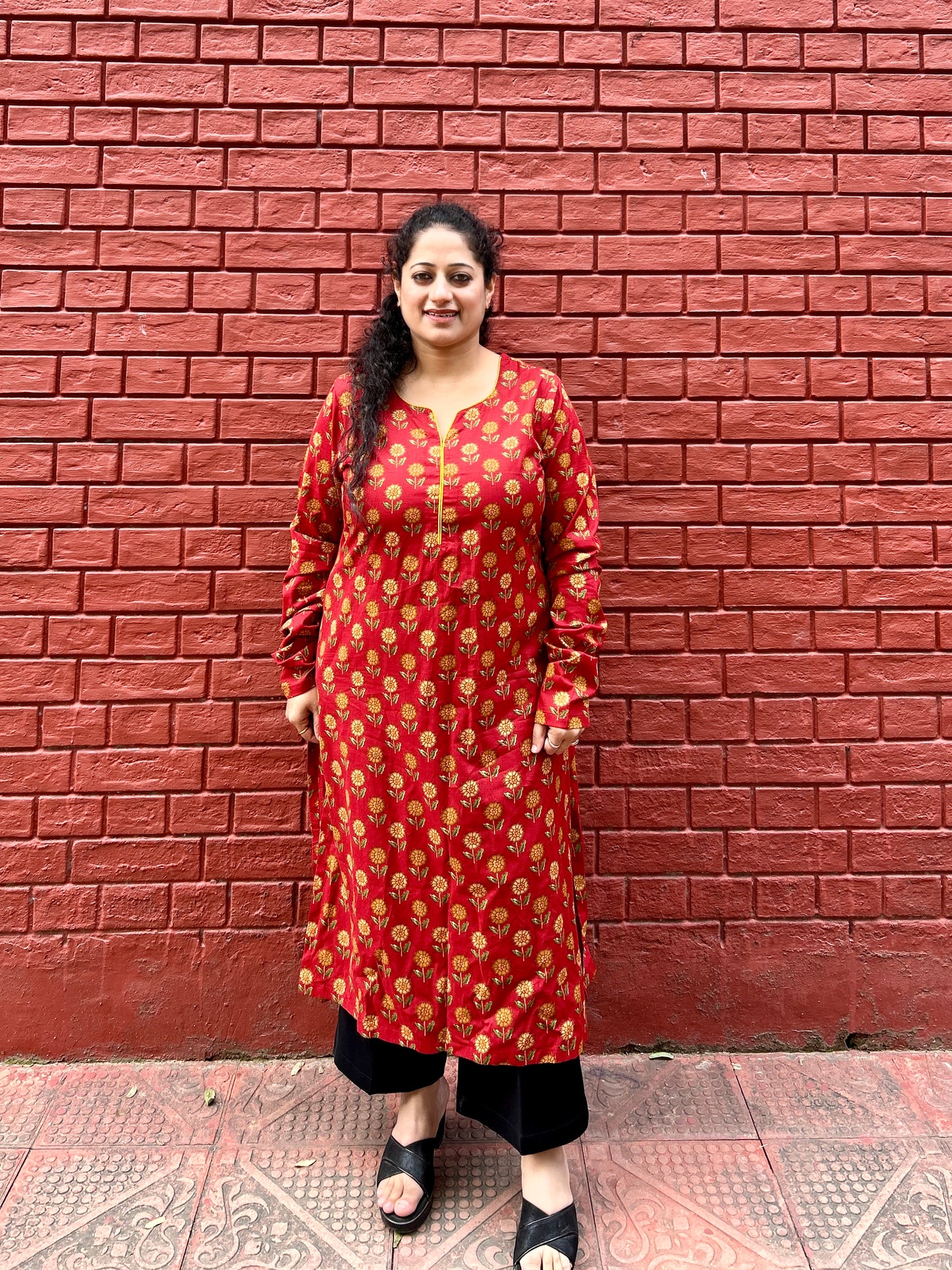 Red Floral Ajrakh Kurta