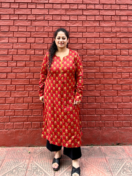 Red Floral Ajrakh Kurta