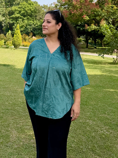 Teal Embroidered anti fit top