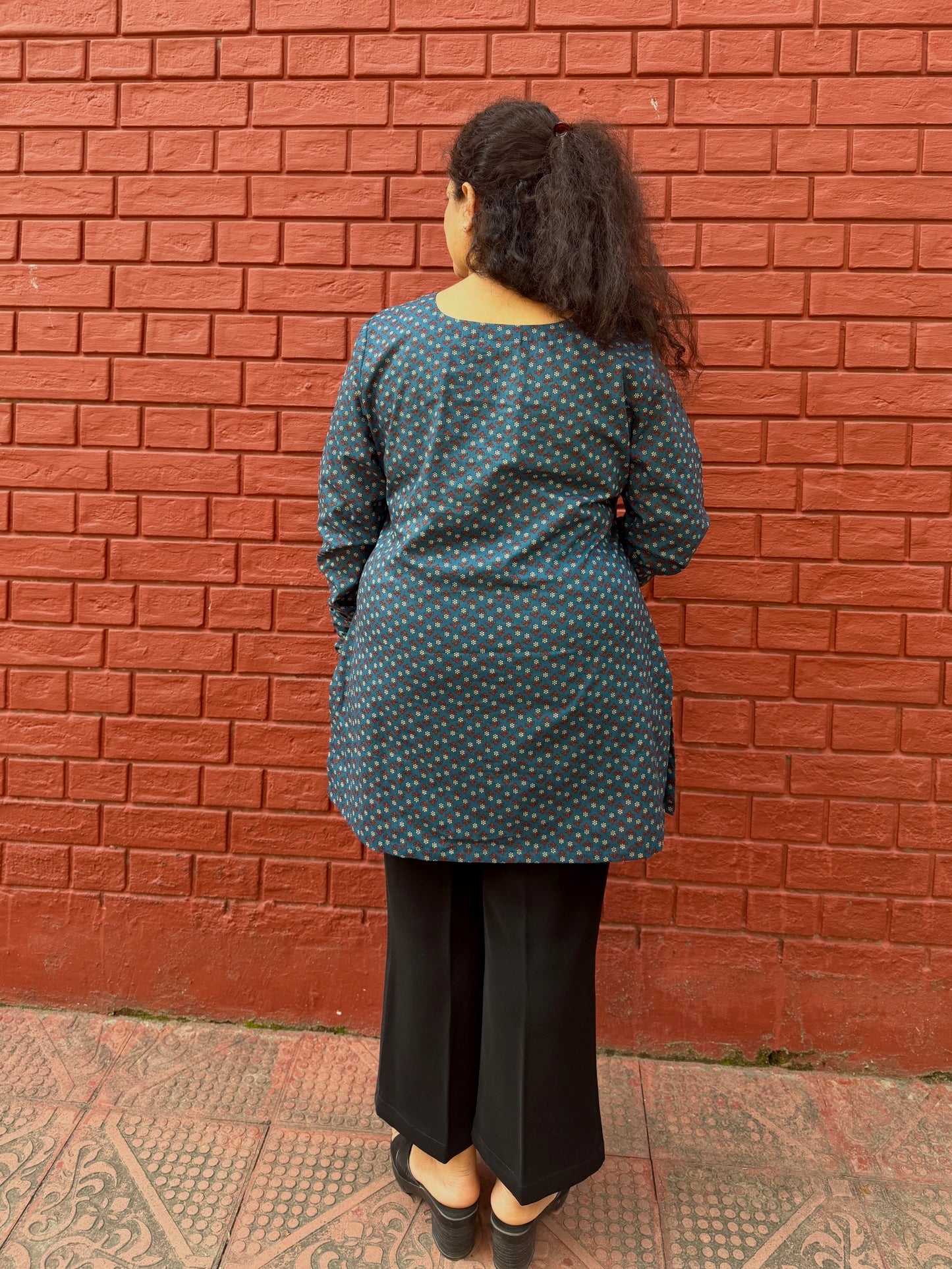 Teal Printed Cotton Kurta