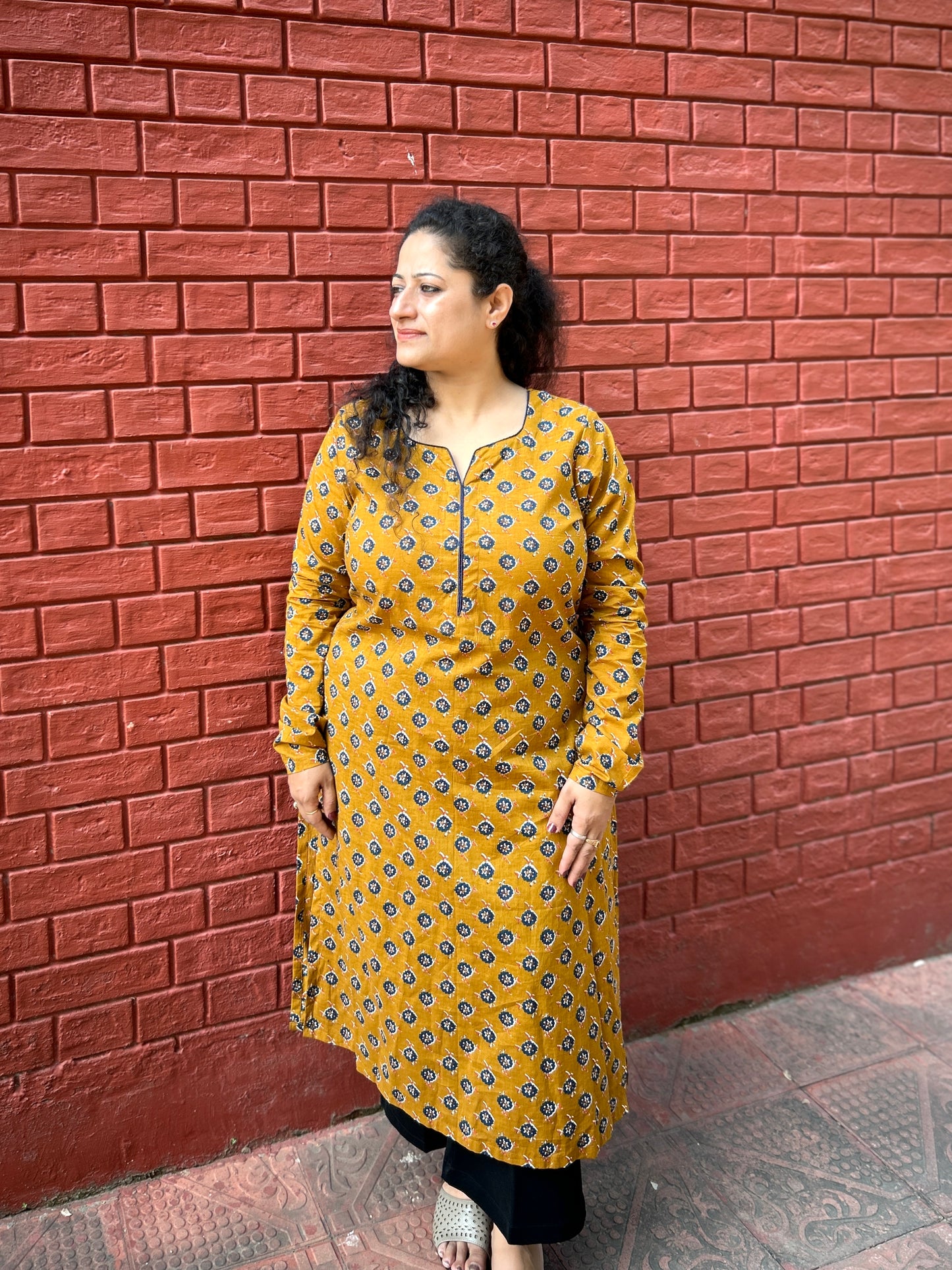 Mustard Handblock Long Kurti