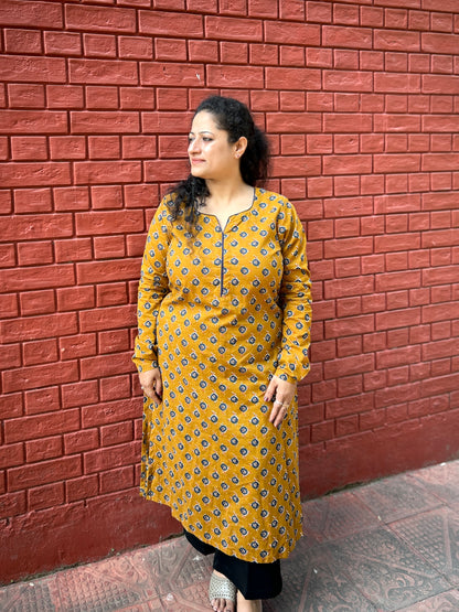 Mustard Handblock Long Kurti