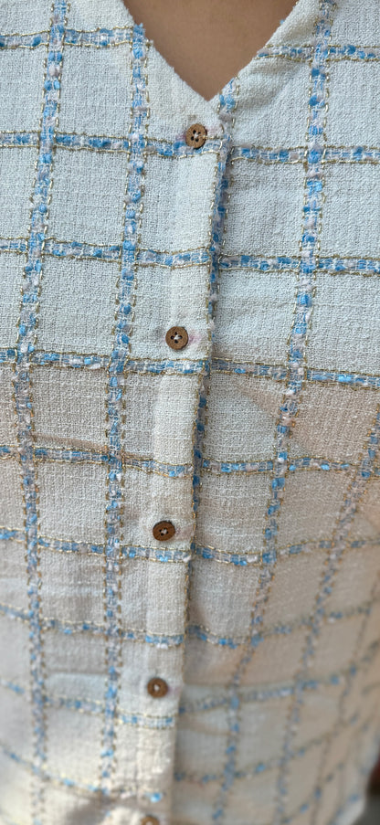 White blue check shirt