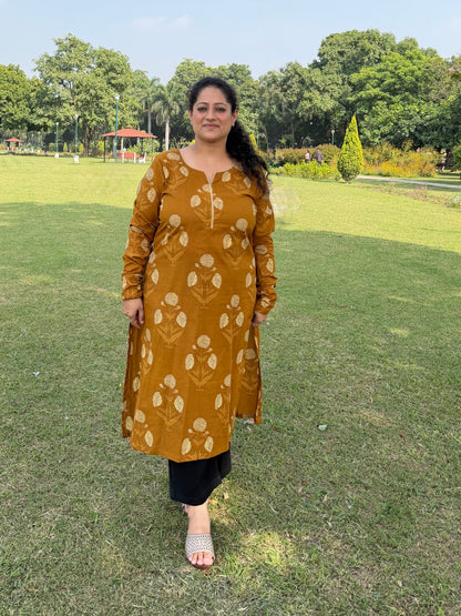 Mustard Leaf Print Kurta