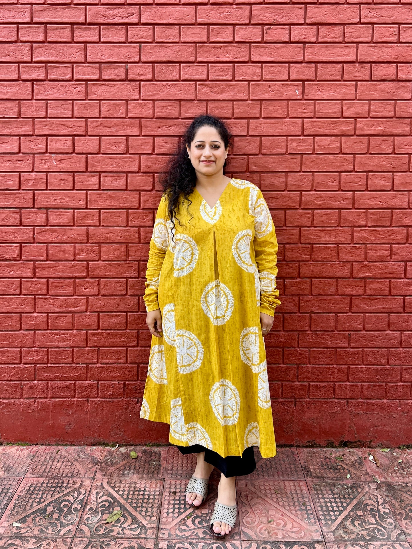 Mustard Block Print A-Line Kurti with pockets ✨