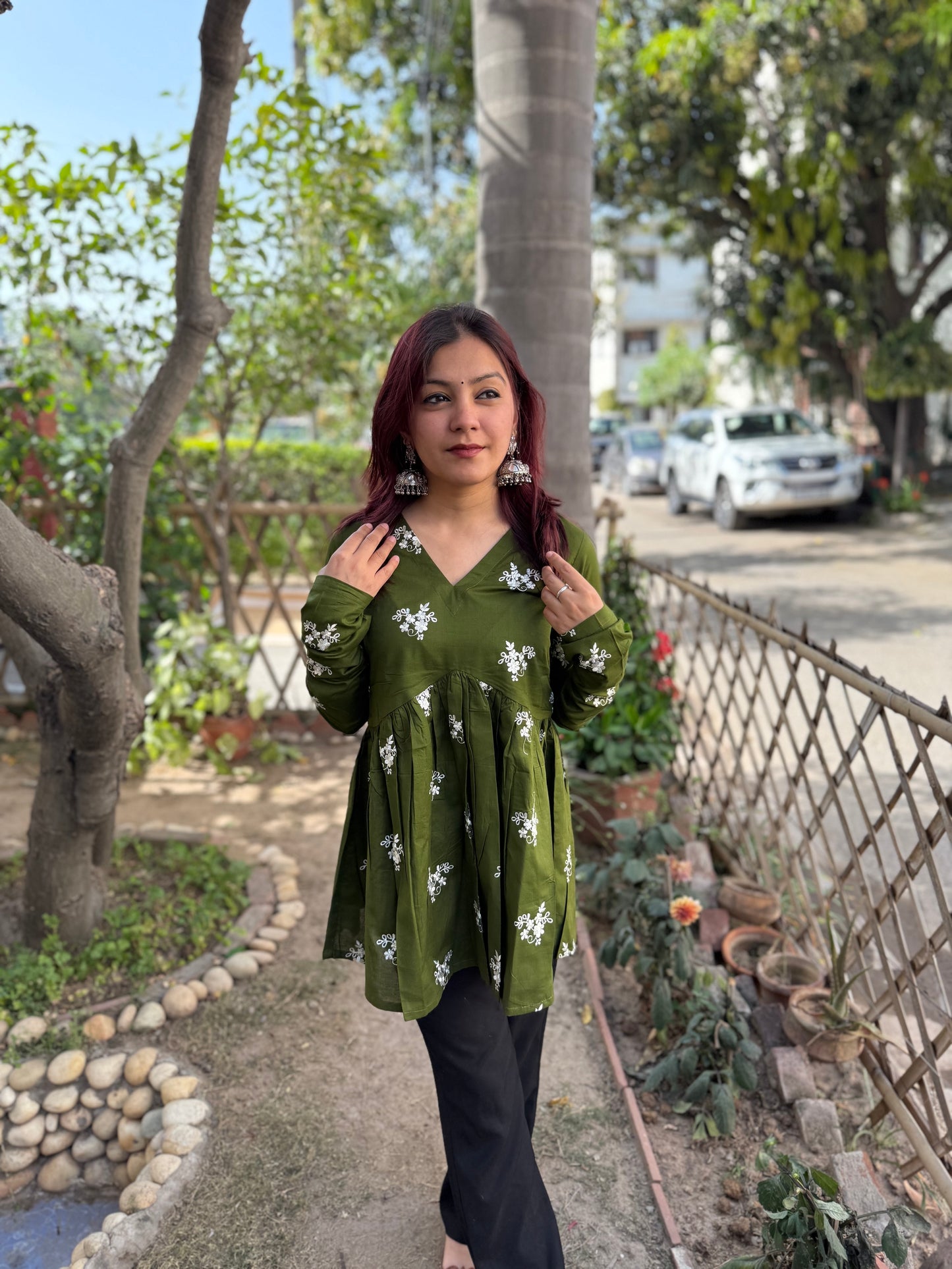 Mehndi Green Embroidered Gather Top